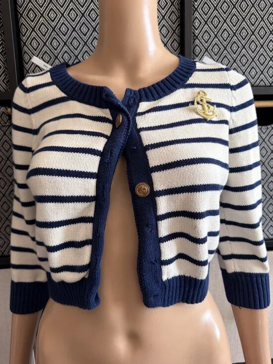 Betsey Johnson 2011 Sailor Girl Intarsia Nautical Cardigan Sweater Sz M w/FLAW - Picture 2 of 12